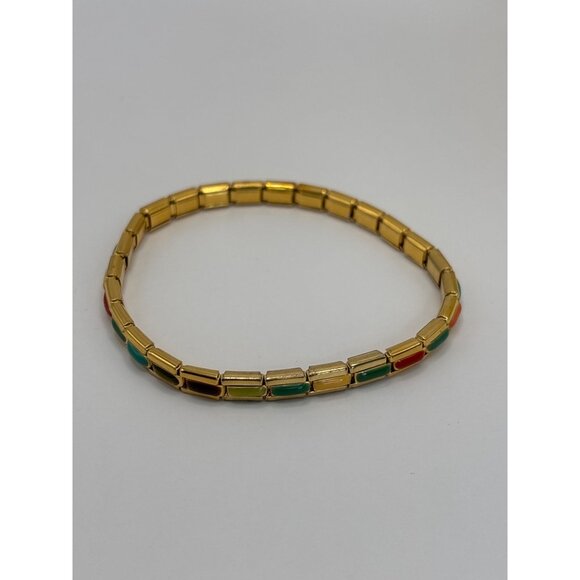 Vintage GRAZIANO CN stretch bracelet gold tone. | Josmoon  Vintage 70\'s 80\'s Retro Multi Color Tile Beads Gold Tone Metal Stretch Bracelet